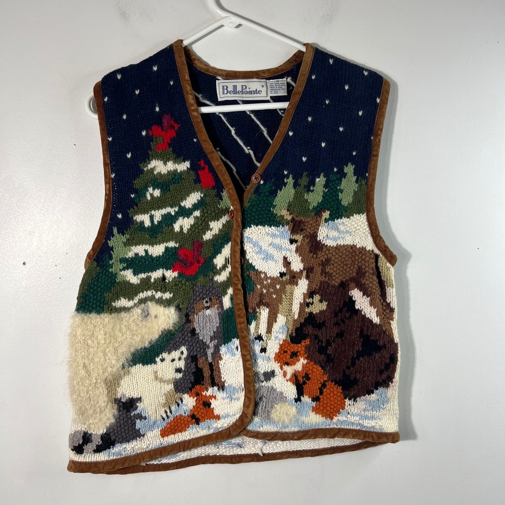 BellePointe Womens Christmas Sweater Vest Medium Blue Winter Woodland Animals M